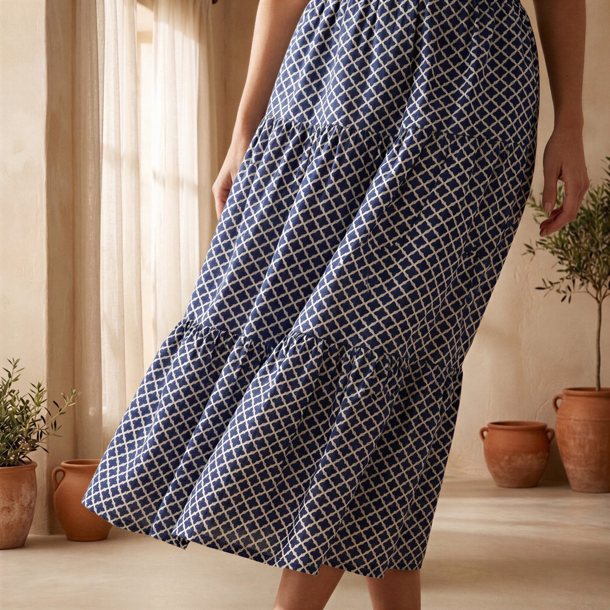 Indigo Mosaic Block Print Cotton Elasticated Maxi Tier Skirt