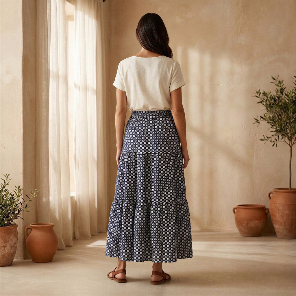 Indigo Mosaic Block Print Cotton Elasticated Maxi Tier Skirt