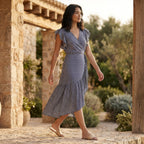 Indigo Mosaic Block Print Cotton Ruffle Midi Wrap Dress