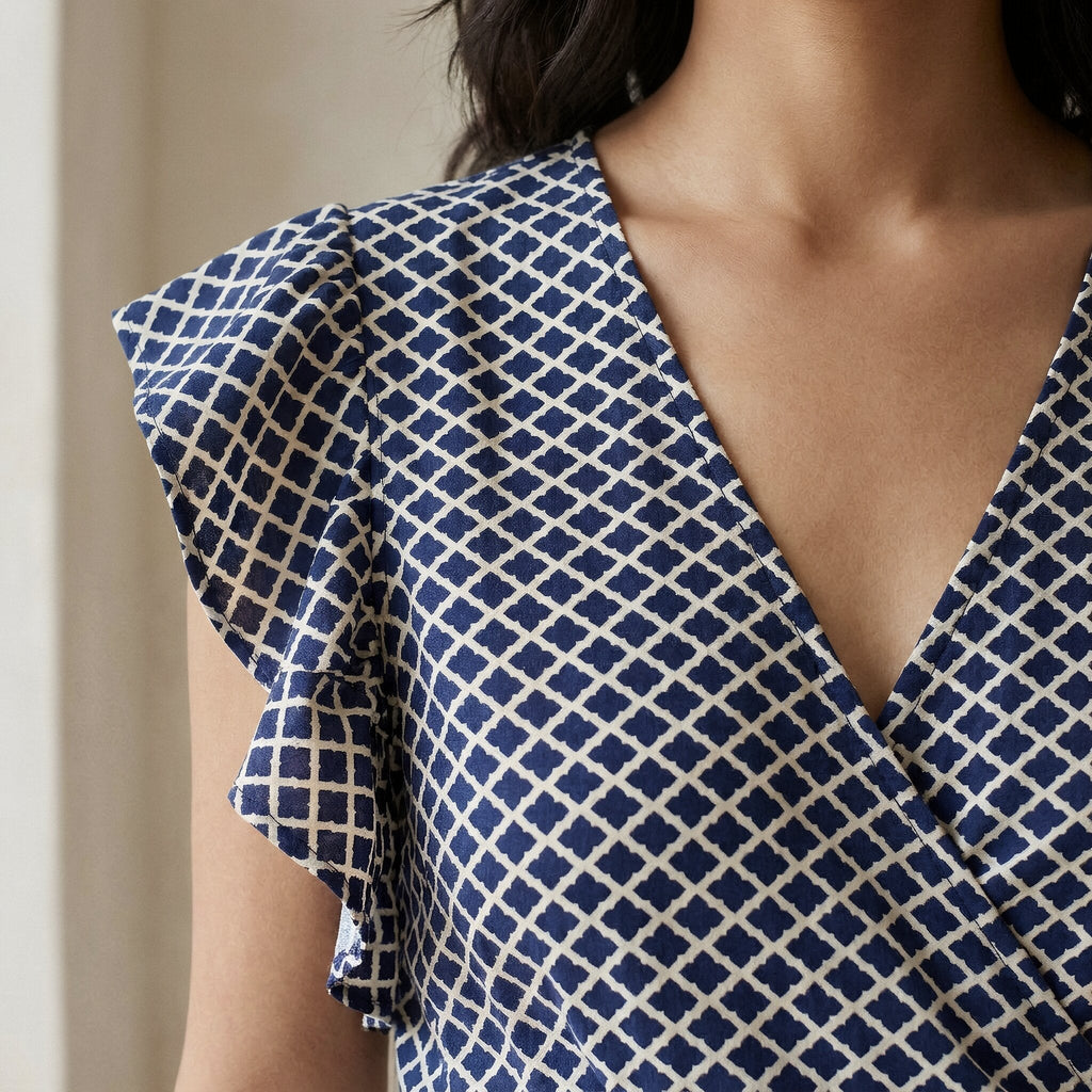 Indigo Mosaic Block Print Cotton Ruffle Midi Wrap Dress
