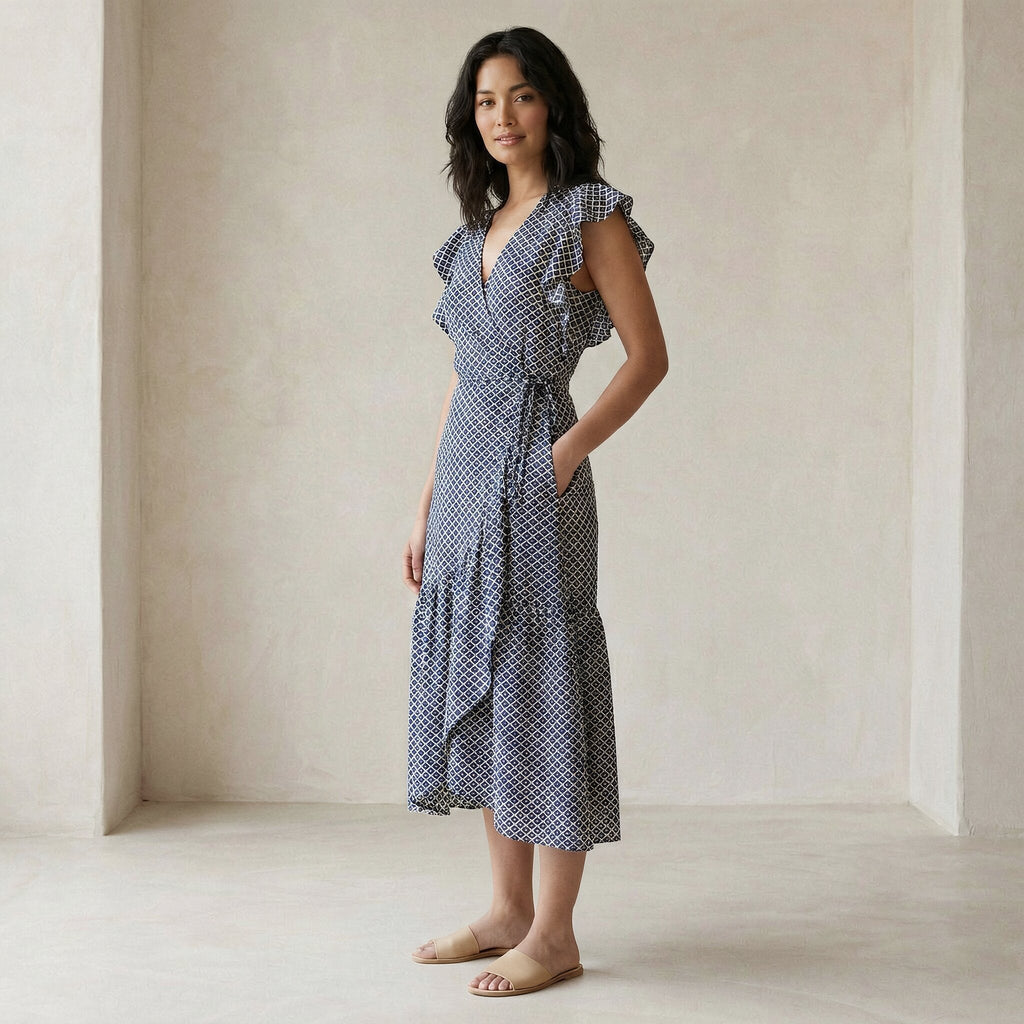 Indigo Mosaic Block Print Cotton Ruffle Midi Wrap Dress