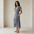 Indigo Mosaic Block Print Cotton Ruffle Midi Wrap Dress