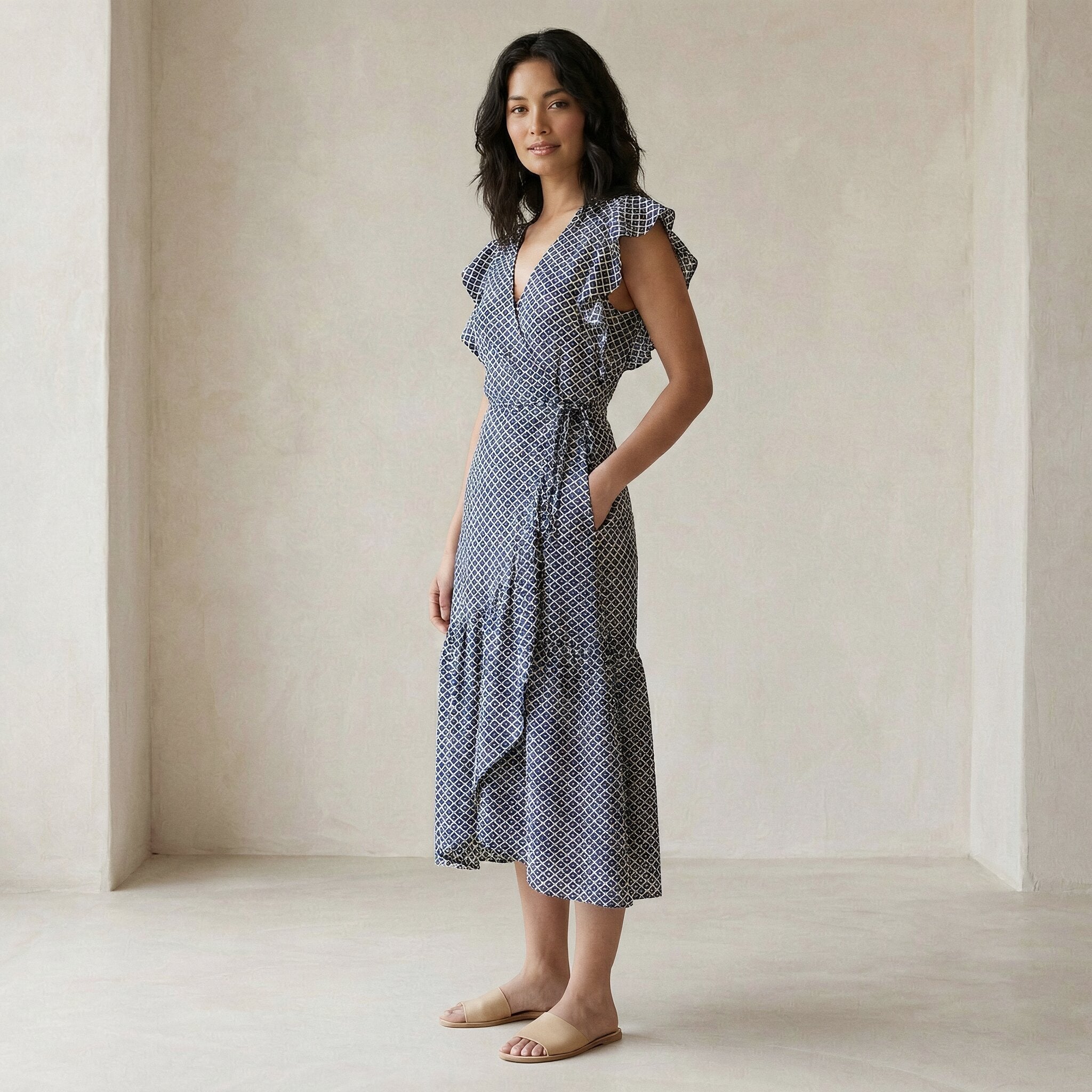 Indigo Mosaic Block Print Cotton Ruffle Midi Wrap Dress