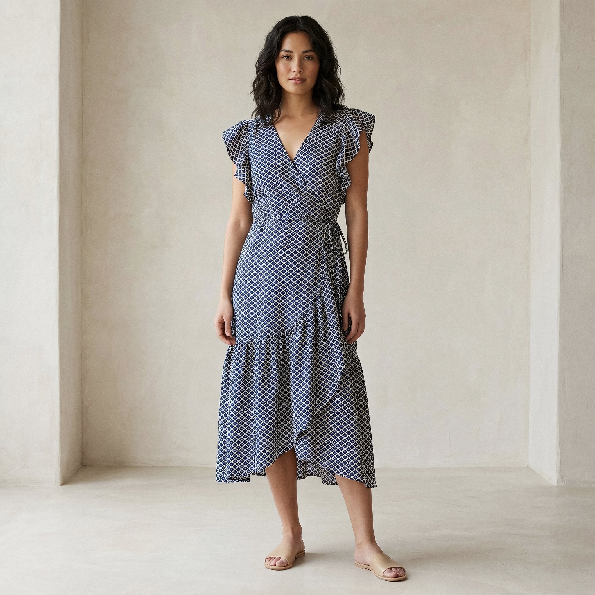 Indigo Mosaic Block Print Cotton Ruffle Midi Wrap Dress