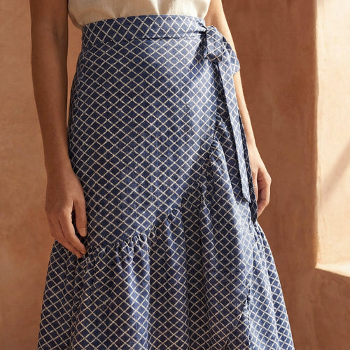 Indigo Mosaic Block Print Cotton Ruffle Midi Wrap Skirt