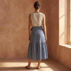 Indigo Mosaic Block Print Cotton Ruffle Midi Wrap Skirt
