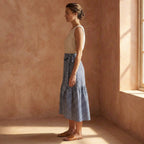 Indigo Mosaic Block Print Cotton Ruffle Midi Wrap Skirt