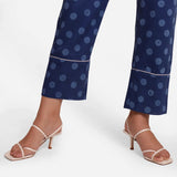 Close View of a Model wearing Indigo Polka Dot Block Print Straight Pant