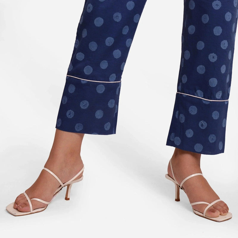 Close View of a Model wearing Indigo Polka Dot Block Print Straight Pant