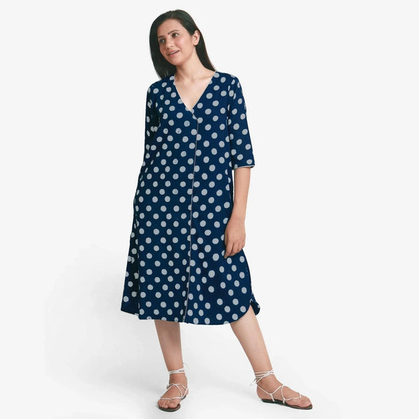 Front View of a Model wearing Indigo Polka Dot Block Print Cotton Midi Dress