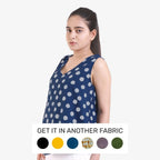 Left View of a Model wearing Indigo Polka Dot Block Printed Asymmetrical Cotton Top