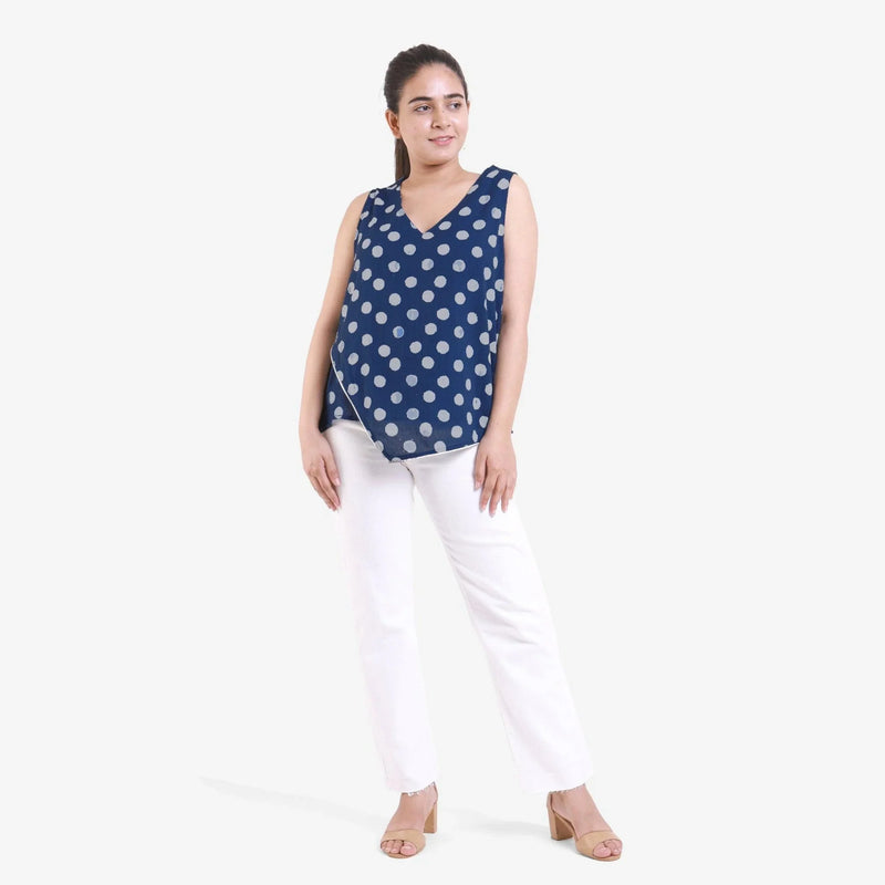 Front View of a Model wearing Indigo Polka Dot Block Printed Asymmetrical Cotton Top