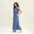 Left View of a Model wearing Indigo Polka Dot Block Printed Cotton Sleeveless Ankle Length Shift Dress
