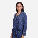 Left View of a Model wearing Indigo Polka Dot Block Printed Cotton Notched Collar Shirt