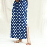 Close View of a Model wearing Indigo Polka Dot Block Printed Cotton Sleeveless Ankle Length Shift Dress