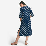 Back View of a Model wearing Indigo Polka Dot Block Print Cotton Midi Dress