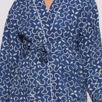Front Detail of a Model wearing Indigo Warm Block Printed Front Open Short Cotton Overlay