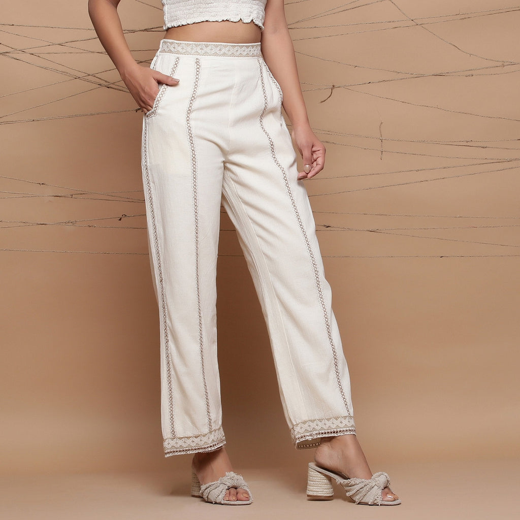Right View of a Model wearing Ecru Jute Laced Cotton Muslin Mid-Rise Elasticated Pant