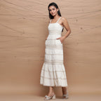 Left View of a Model wearing Jute Laced Handspun Sheath Dress
