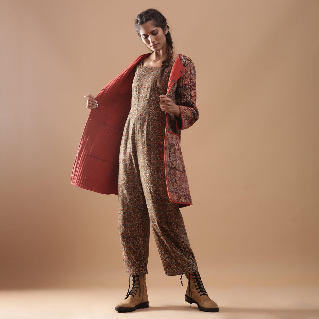 Front View of a Model wearing Reversible Quilted Kalamkari Jacket
