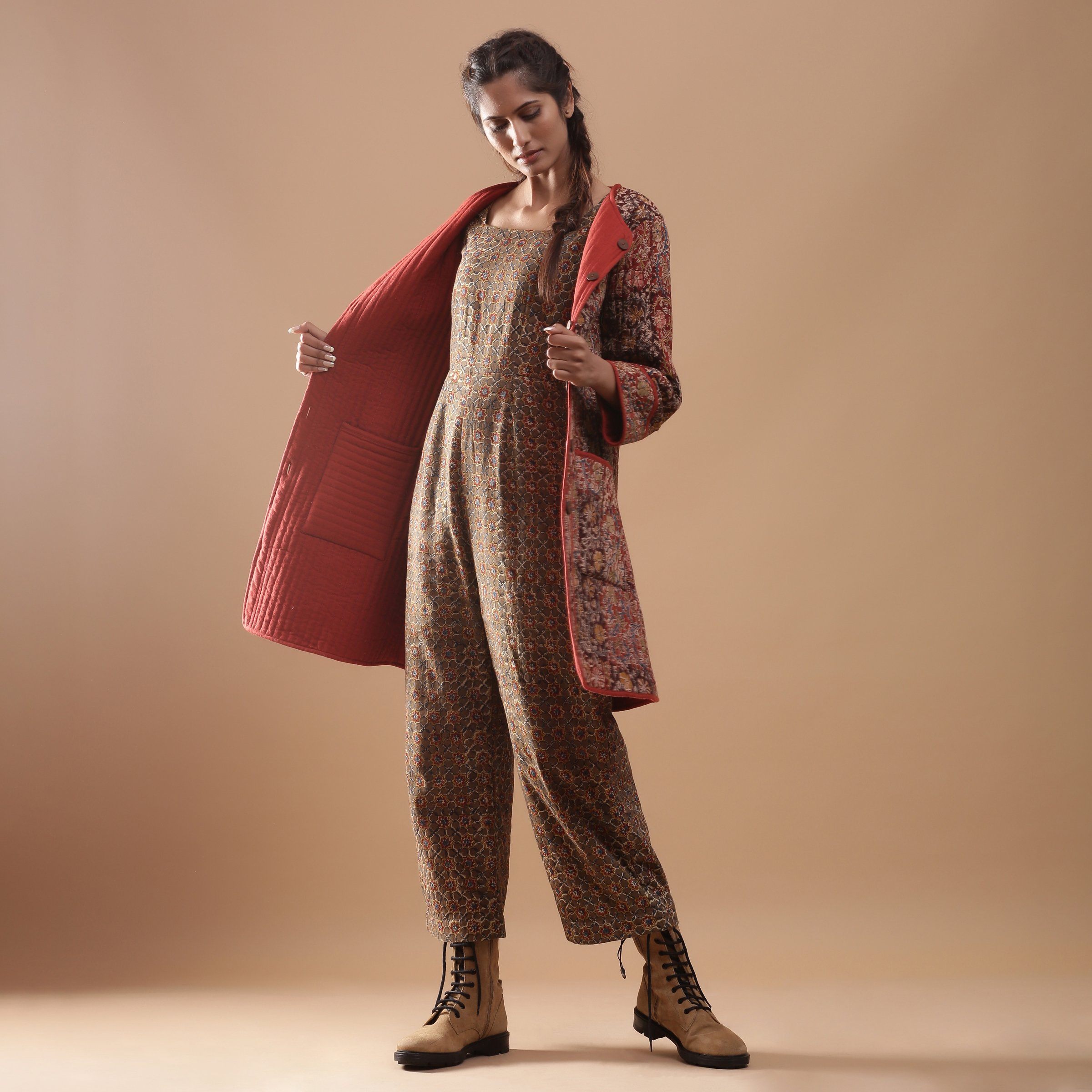Front View of a Model wearing Reversible Quilted Kalamkari Jacket