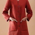 Front Detail of a Model wearing Reversible Quilted Kalamkari Jacket