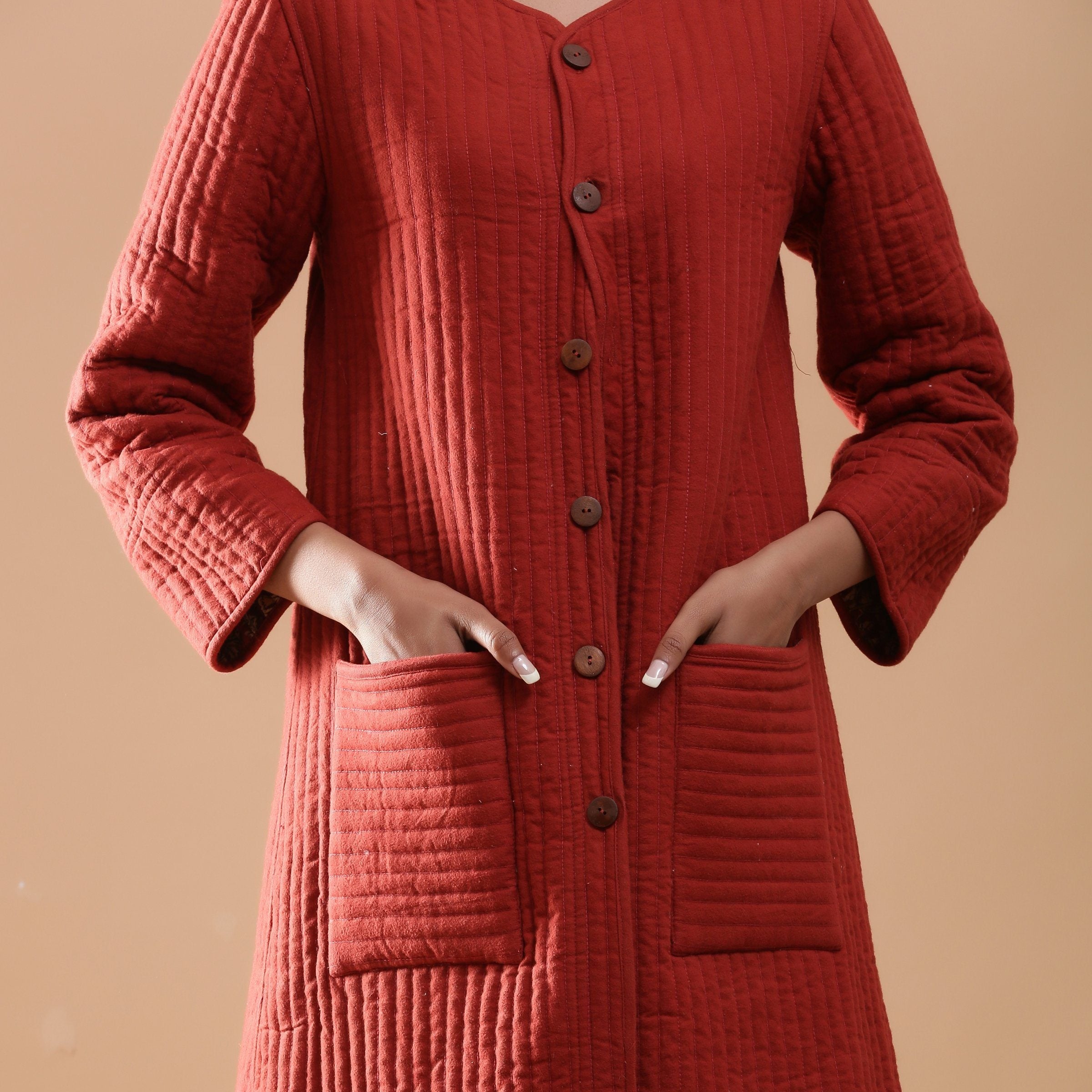 Front Detail of a Model wearing Reversible Quilted Kalamkari Jacket