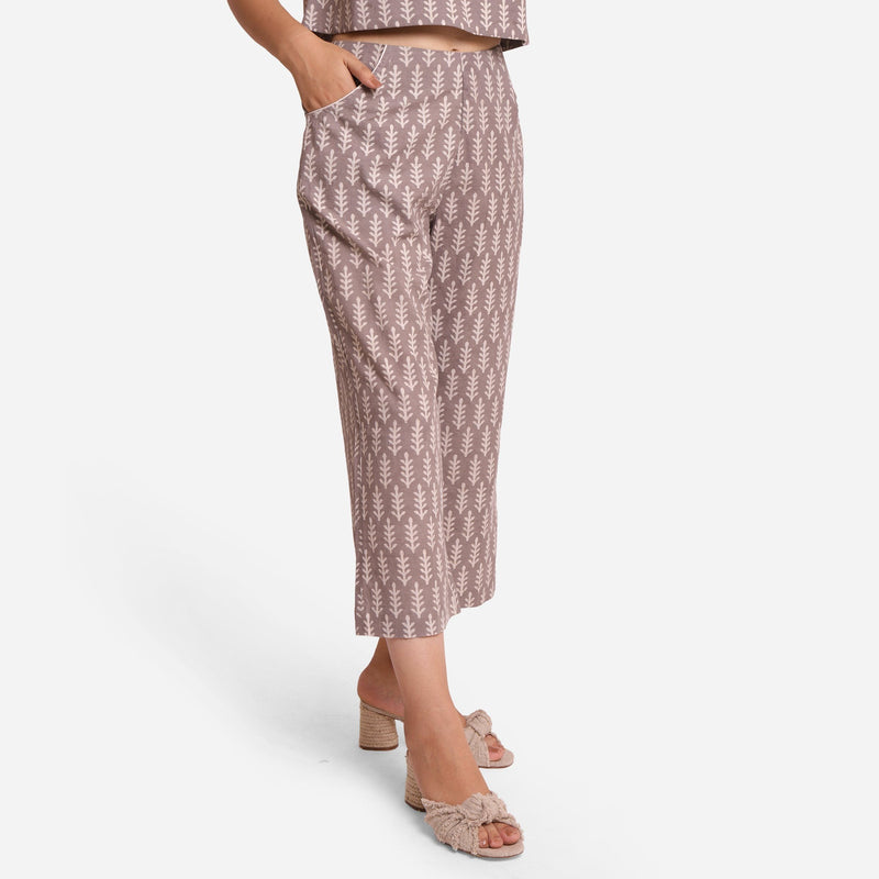Right View of a Model wearing Dabu Block Print Grey Mid-Rise Culottes