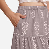 Right Detail of a Model wearing Kashish Dabu Gathered Floral Maxi Skirt