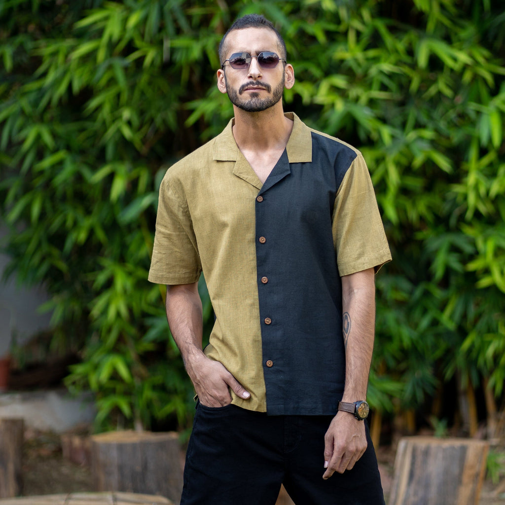 Khakhi Green and Black Color Block Handspun Cotton Half Sleeve Shirt