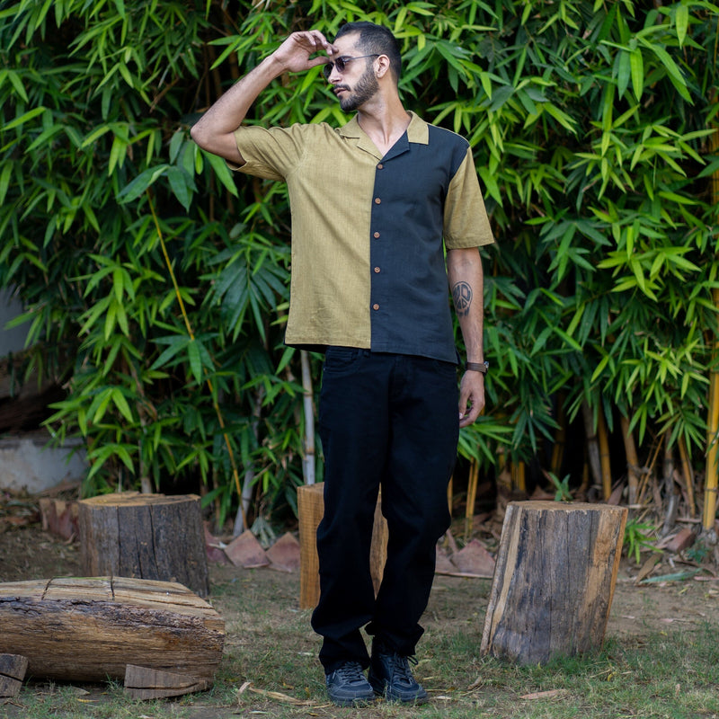 Khakhi Green and Black Color Block Handspun Cotton Half Sleeve Shirt