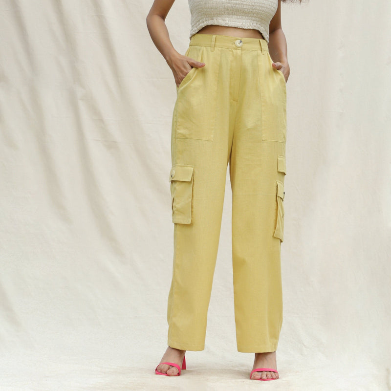 Front View of a Model wearing Khakhi Green Cotton Flax High-Rise Cargo Pant