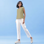 Left View of a Model wearing Khakhi Green Vegetable Dyed Handspun Cotton Essential Top