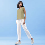 Left View of a Model wearing Khakhi Green Vegetable Dyed Handspun Cotton Essential Top