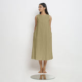Front View of a Model wearing Khaki Green Vegetable Dyed A-Line Paneled Dress