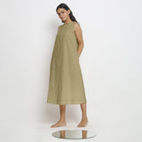 Left View of a Model wearing Khaki Green Vegetable Dyed A-Line Paneled Dress