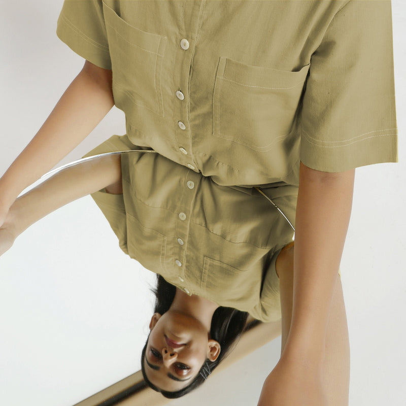 Front Detail of a Model wearing Khaki Green Vegetable Dyed Romper