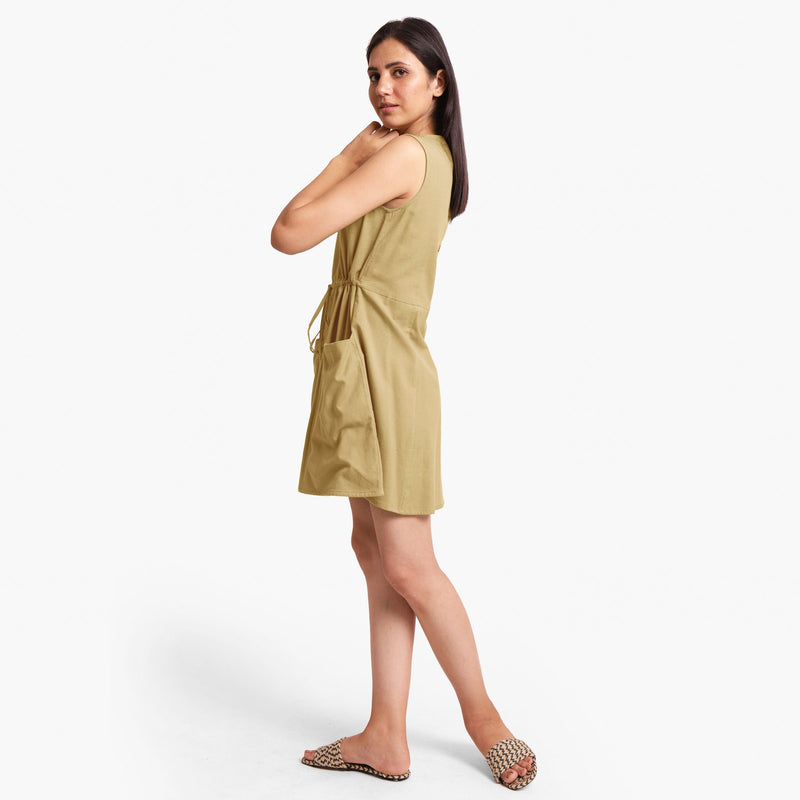 Back View of a Model wearing Khaki Patch Pocket Round Neck Dress