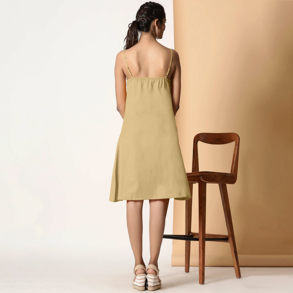 Back View of a Model wearing Khaki Sage Cotton Flax Strappy Slit Dress