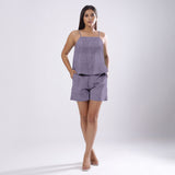 Front View of a Model wearing Lavender 100% Linen Flared Relaxed Camisole Top