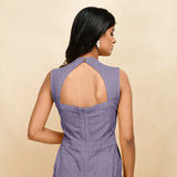 Back Detail of a Model wearing Lavender 100% Linen Princess Line Stand Collar Jumpsuit