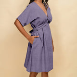 Lavender 100% Linen V-Neck Knee Length Blouson Dress