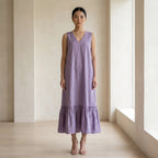 Lavender Cotton-Linen A-Line V-Neck Sleeveless Maxi Tier Dress