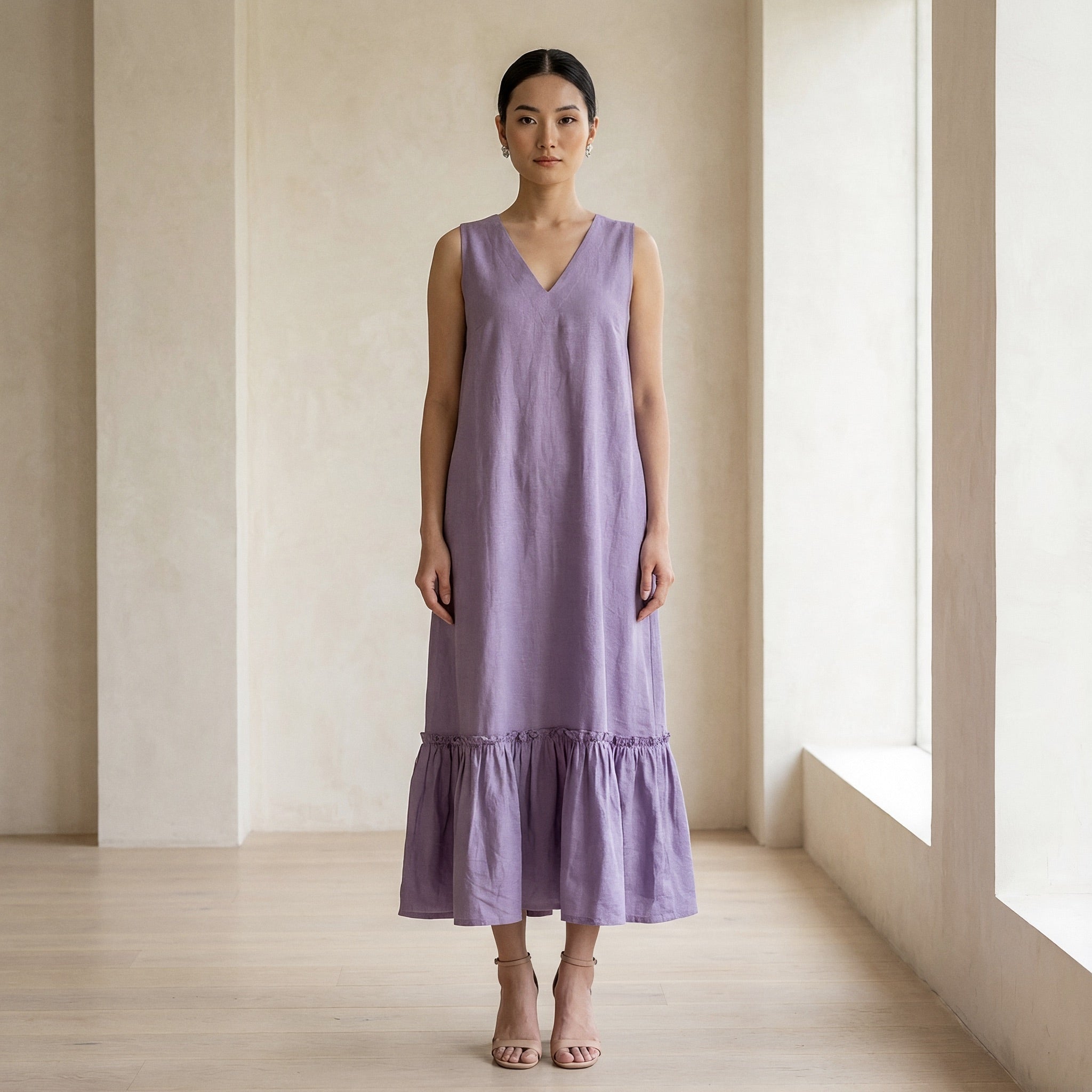 Lavender Cotton-Linen A-Line V-Neck Sleeveless Maxi Tier Dress