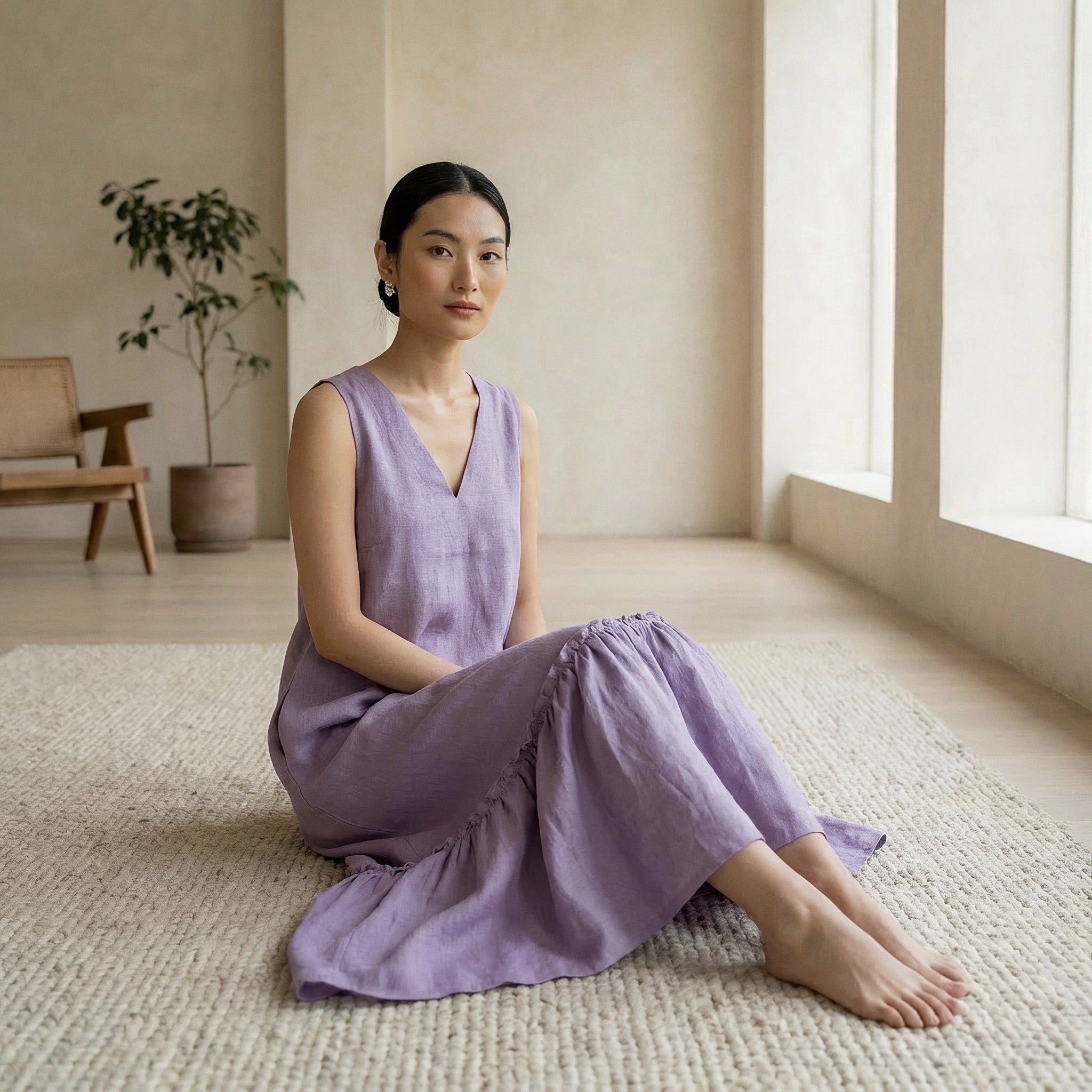 Lavender Cotton-Linen A-Line V-Neck Sleeveless Maxi Tier Dress