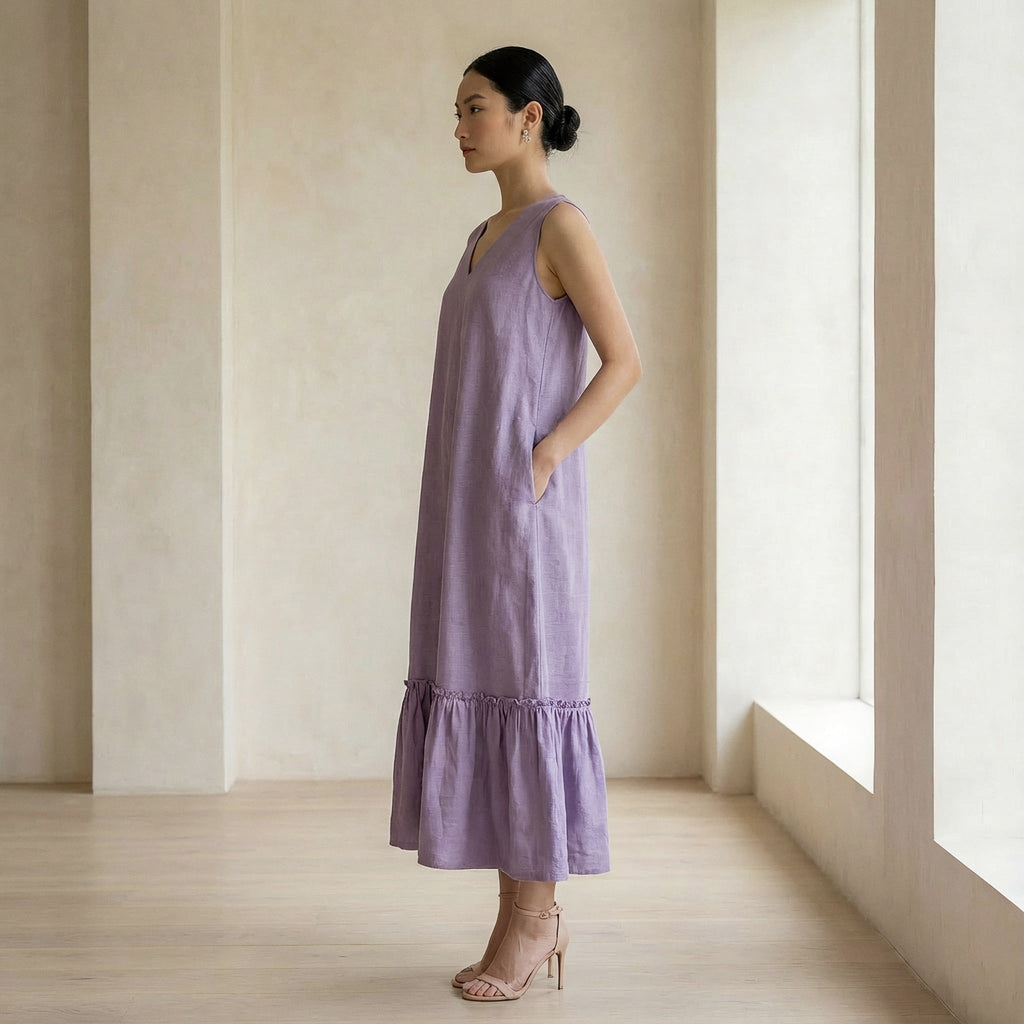 Lavender Cotton-Linen A-Line V-Neck Sleeveless Maxi Tier Dress