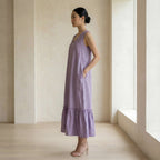 Lavender Cotton-Linen A-Line V-Neck Sleeveless Maxi Tier Dress