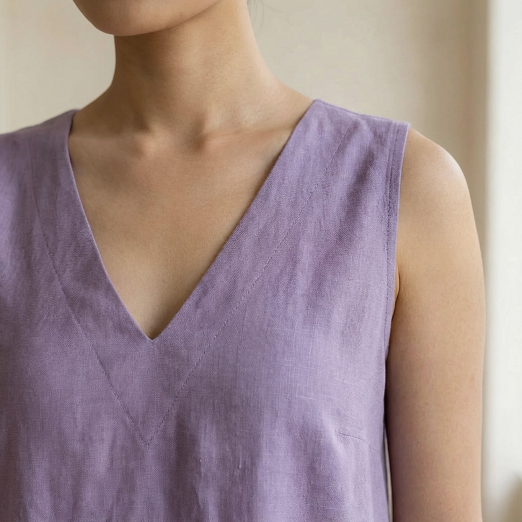 Lavender Cotton-Linen A-Line V-Neck Sleeveless Maxi Tier Dress