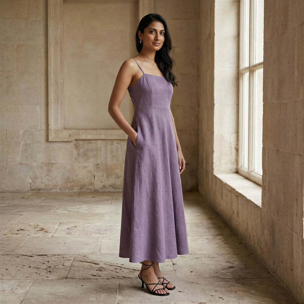 Lavender Cotton Linen Ankle Length Flared Sundress