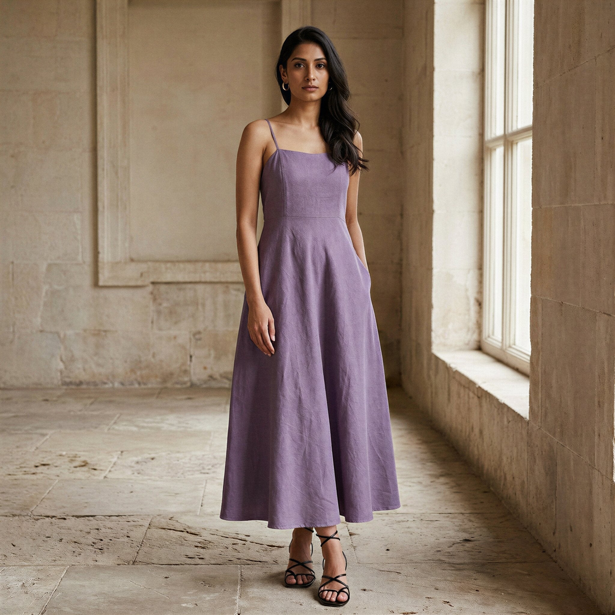 Lavender Cotton Linen Ankle Length Flared Sundress